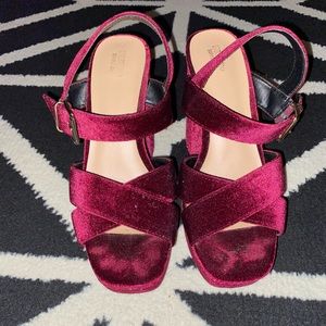 Burgundy velvet chunky heels